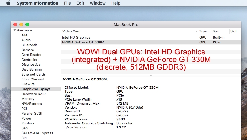 ComputerHobbyShop MacBook Pro 6,1 showing Video Sys Info