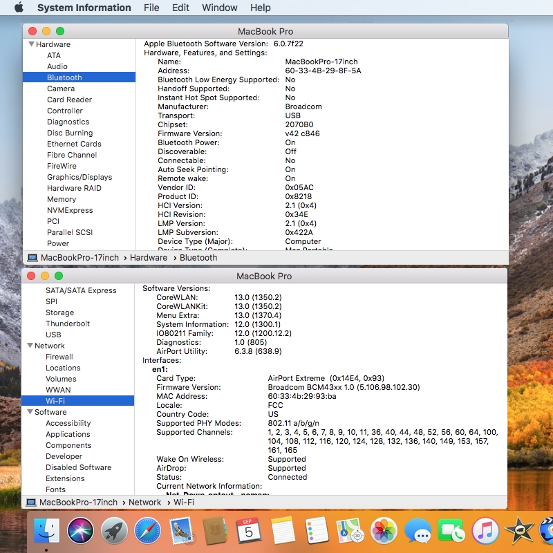 ComputerHobbyShop MacBook Pro 6,1 showing Sys Info on Bluetooth & WiFi